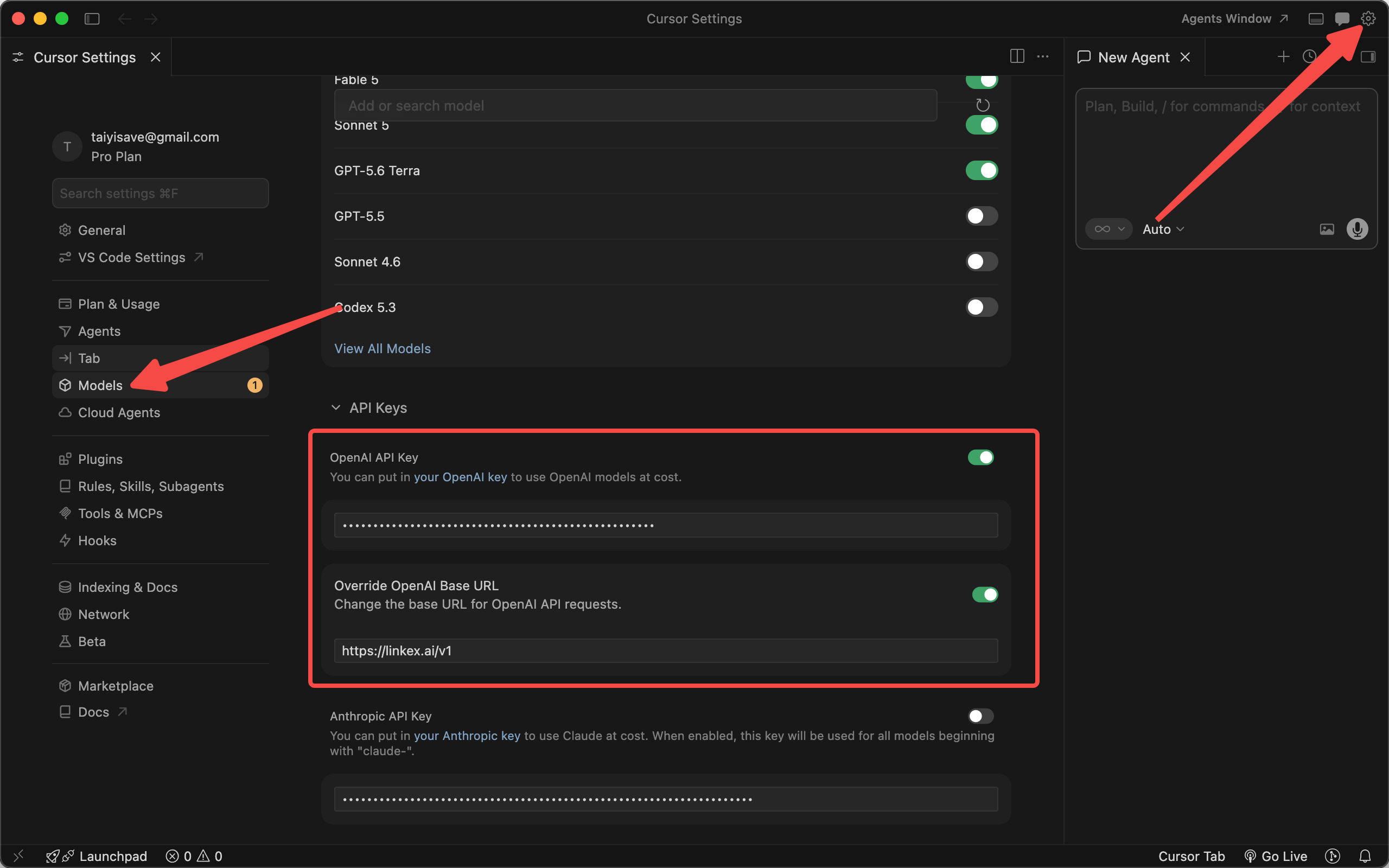 Cursor Settings → Models — OpenAI API key section